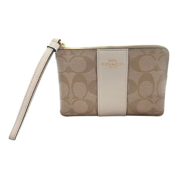Coach Corner Zip Wristlet Signature Canvas Khaki Chalk NWT - Picture 1 of 10